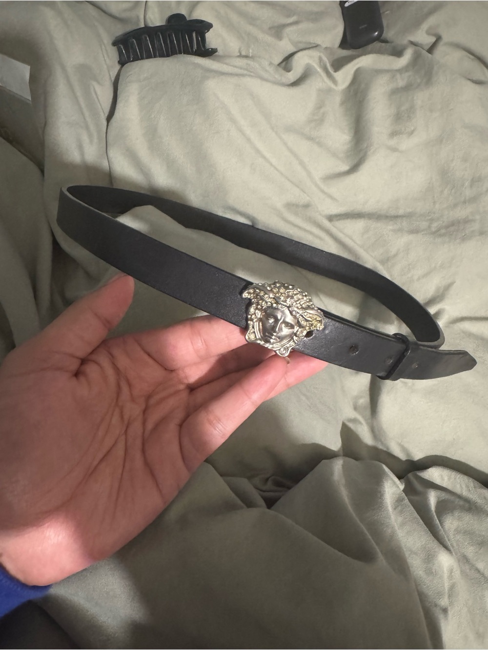 Versace Black Leather Belt with Silver Medusa Buckle
